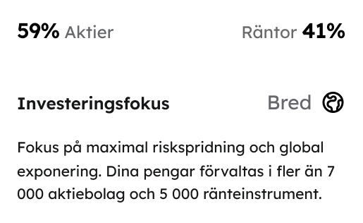Ett exempel på investeringsförslag. 59% Aktier och 41% räntor med inriktning bred