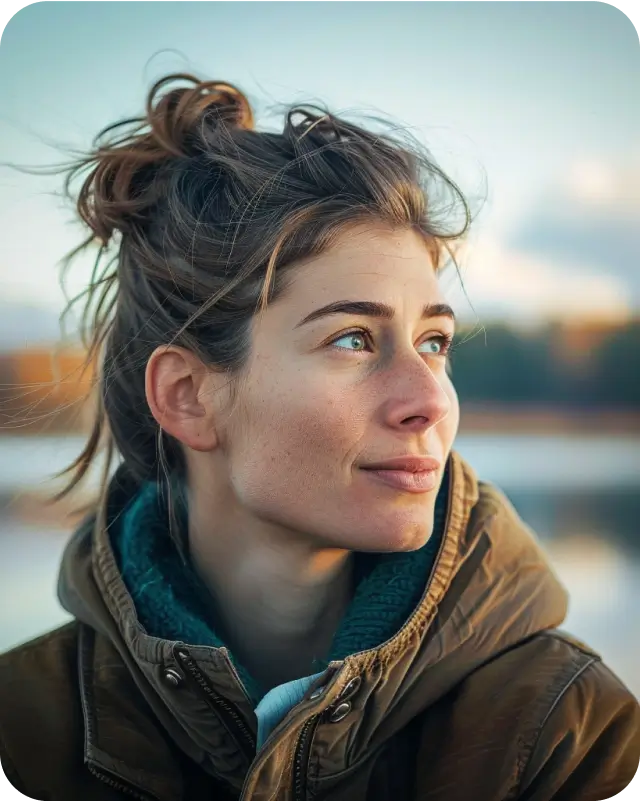 En kvinnas ansikte med en sjö och en skog i bakgrunden