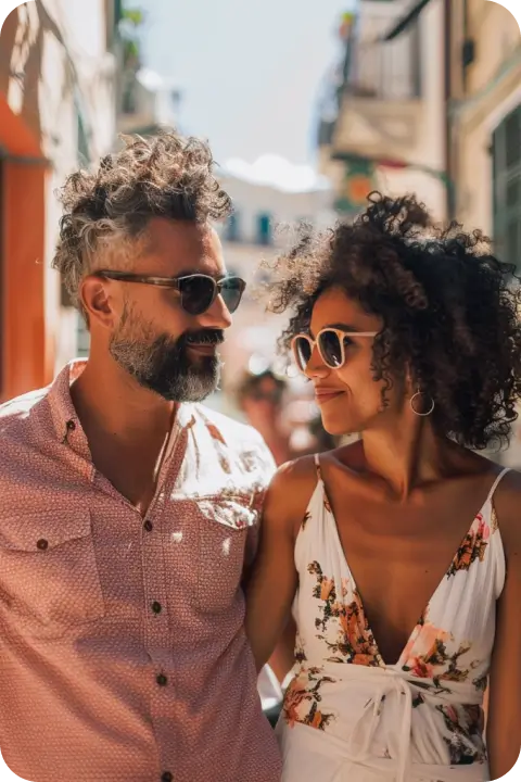 En man och en kvinna som tittar på varandra med flertalet hus i bakgrunden.